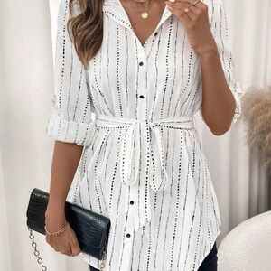 Women's White Striped Button-Up Blouse